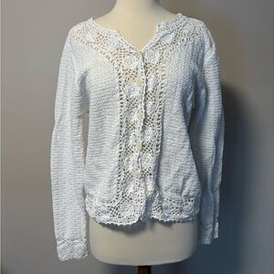 Christopher & Banks Hand Crocheted White Sweater with Floral Buttons | Size L